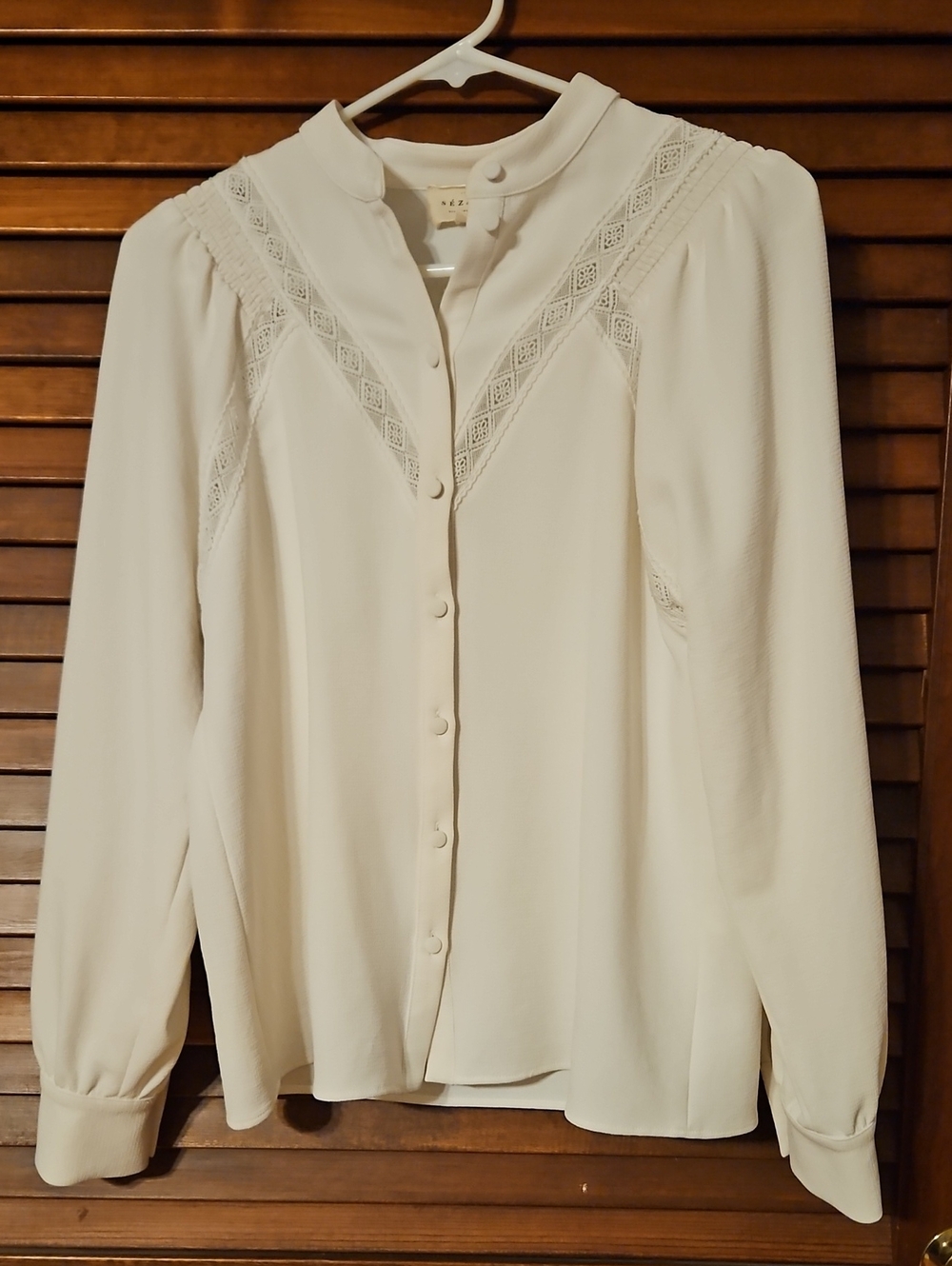 Sezane Cream Button-Front Lace Inset Blouse